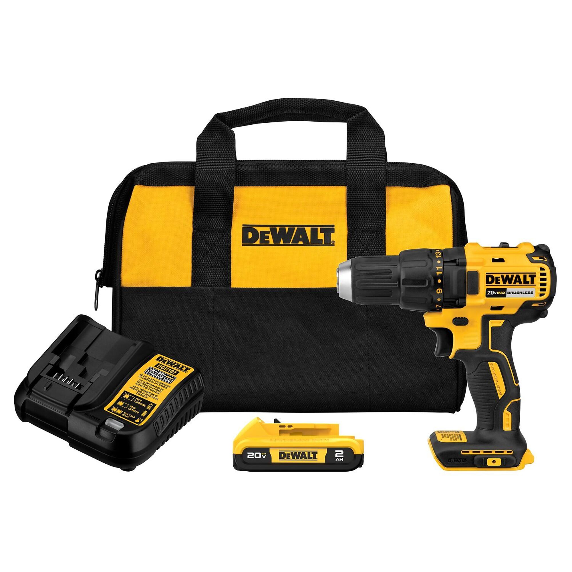 DEWALT, 20V MAX 1/2in. Brushless Compact Drill/Drive Kit, Chuck Size 1/2 in, Max. Speed 1750 rpm, Model# DCD777D1